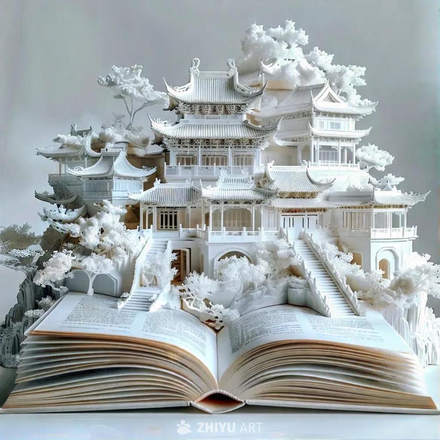 一本书籍摊开，书页上呈现着一座白色的中式古代建筑群