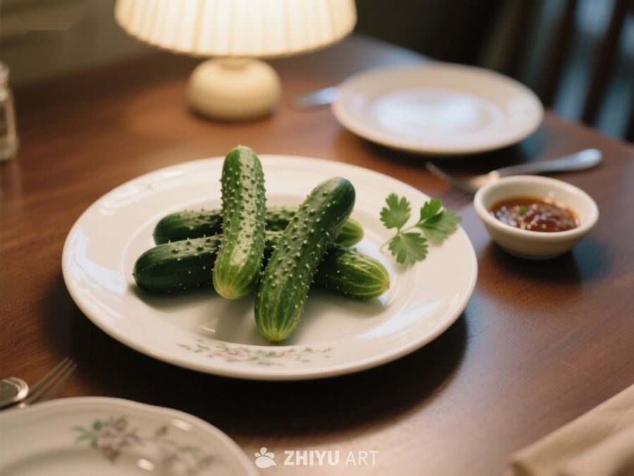 盘中新鲜黄瓜配香菜，餐桌布置温馨 294