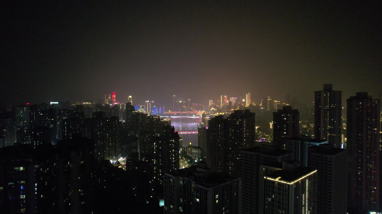 中国重庆观音桥商业区夜景灯光航拍  