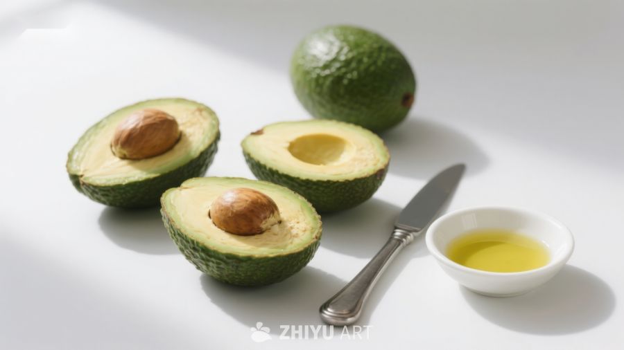 新鲜牛油果与果核及小碗油