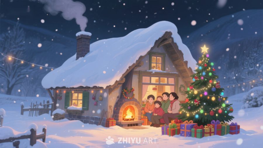雪夜温馨小屋，家人围炉共度圣诞 395