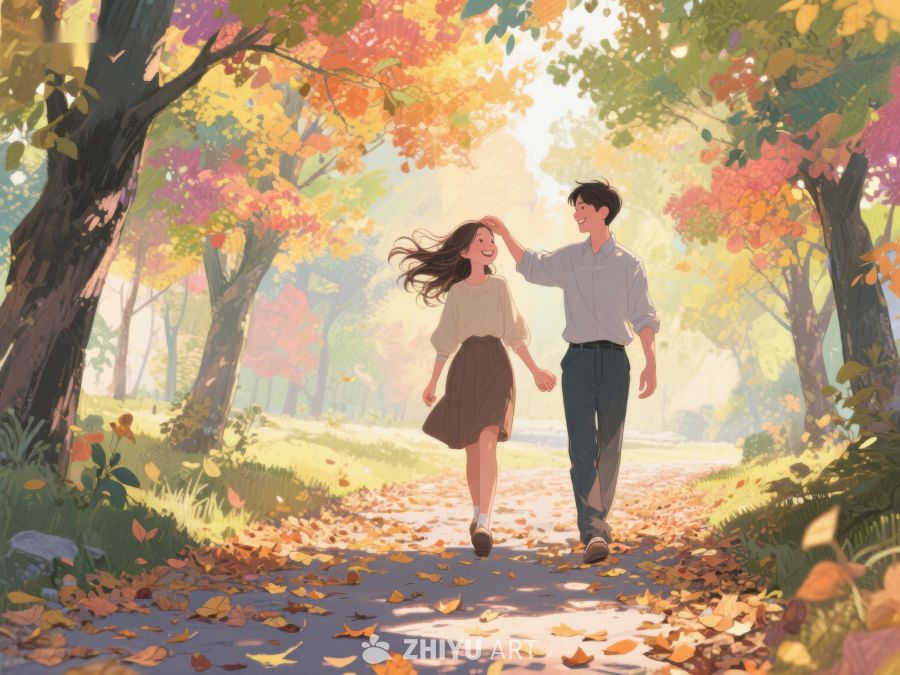 秋日林间漫步的情侣 597