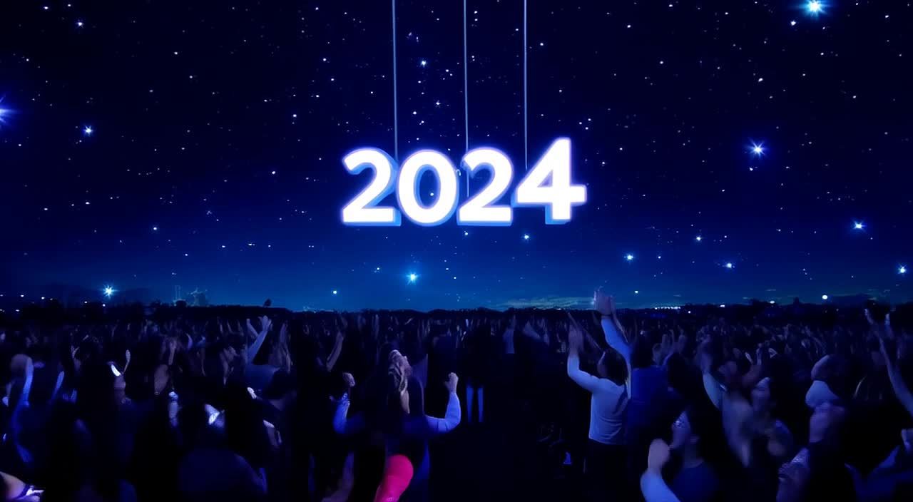夜空背景下，悬挂着数字2024”，下方站着许多人，