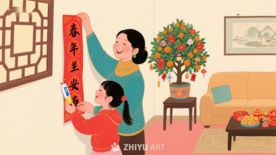 母女贴春联，共庆新年 671