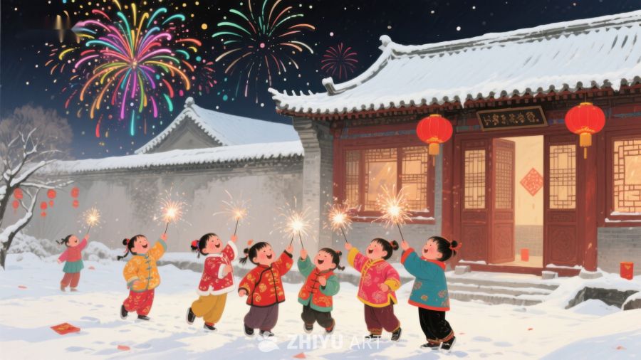 雪夜烟花下的传统节日庆祝 1086