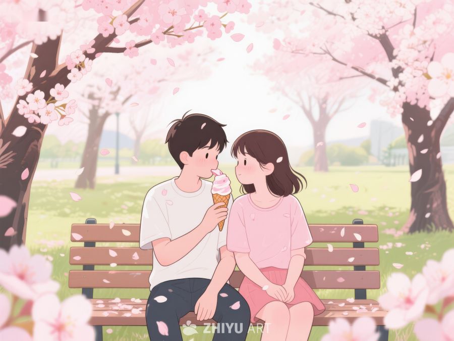 樱花树下共享冰淇淋的恋人 1104