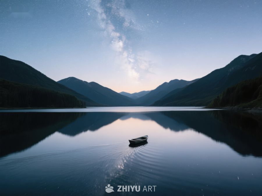 静谧湖面孤舟，夜空银河璀璨 49