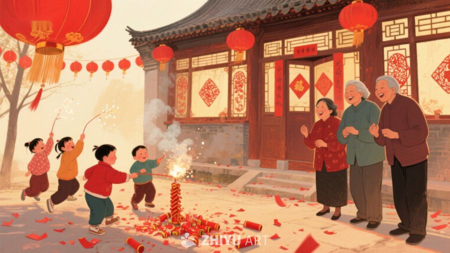 春节家庭欢聚，燃放鞭炮庆祝 100