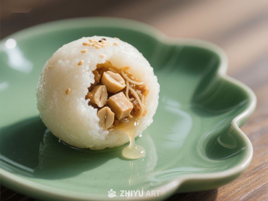 糯米团子配花生酱，置于绿盘之上 776