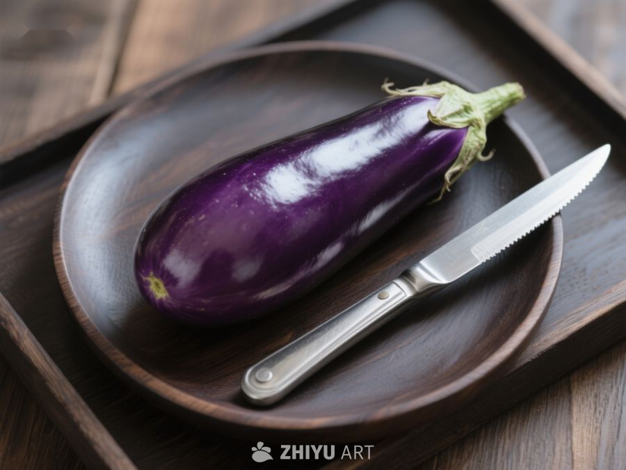 紫茄子与刀置于木质盘中 621