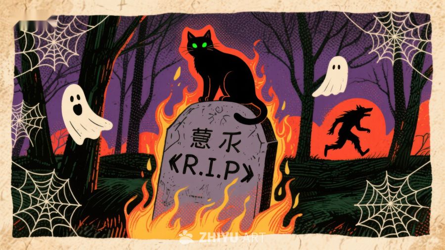 万圣节墓地幽灵与黑猫