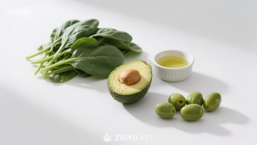 新鲜食材：牛油果、橄榄与菠菜