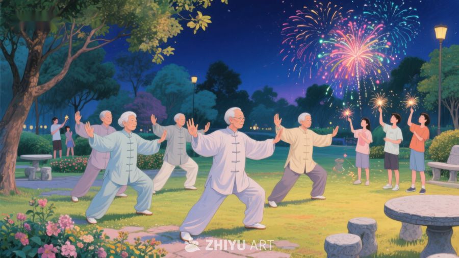 公园夜景中练习太极的人群 219