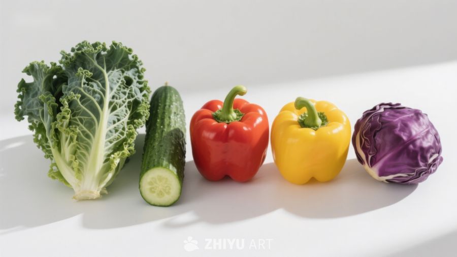 五种新鲜蔬菜排列展示