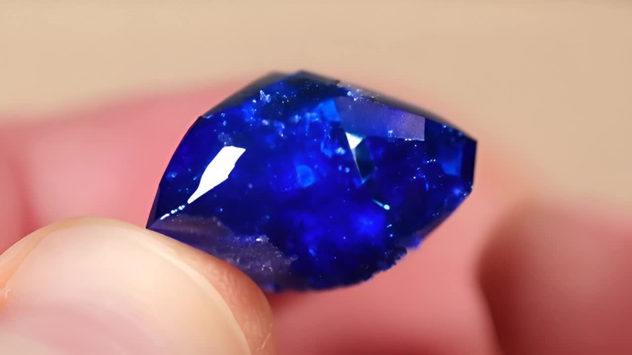 一颗粗糙的蓝色蓝宝石宝石在手上。