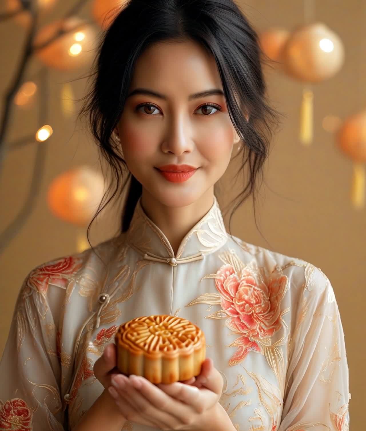 一位年轻女子身穿带有花朵刺绣的浅色旗袍，双手捧着一