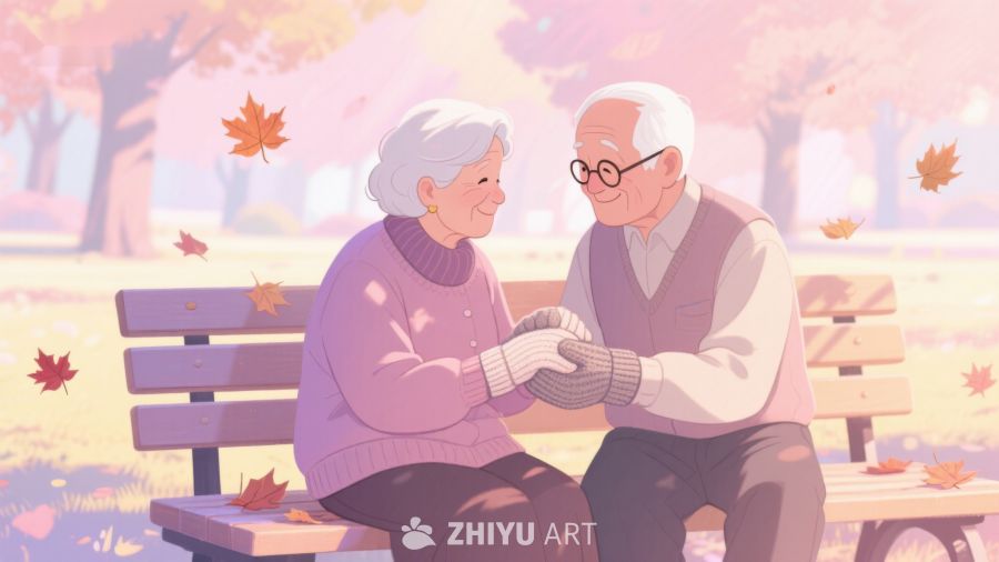 秋日公园中的温馨老年伴侣 291