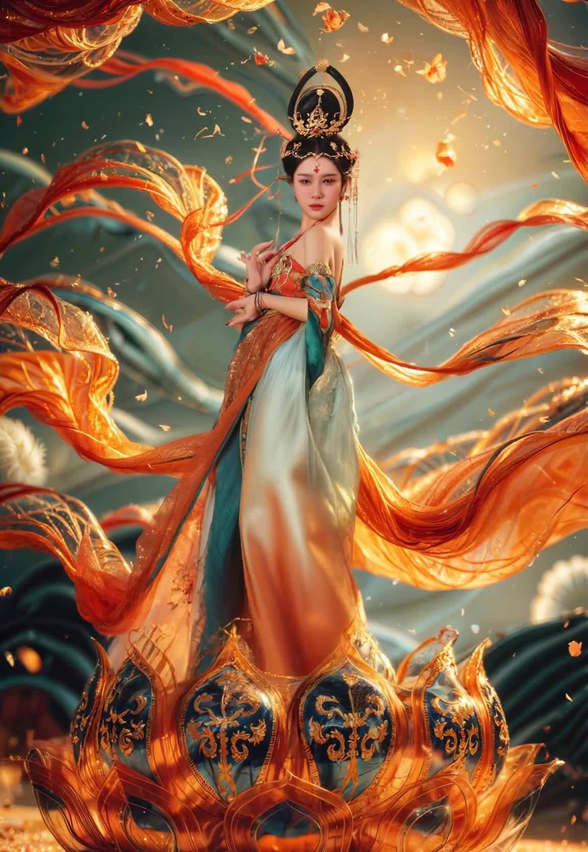 一位穿着传统服饰的女子站在莲花宝座上，她头戴发饰，