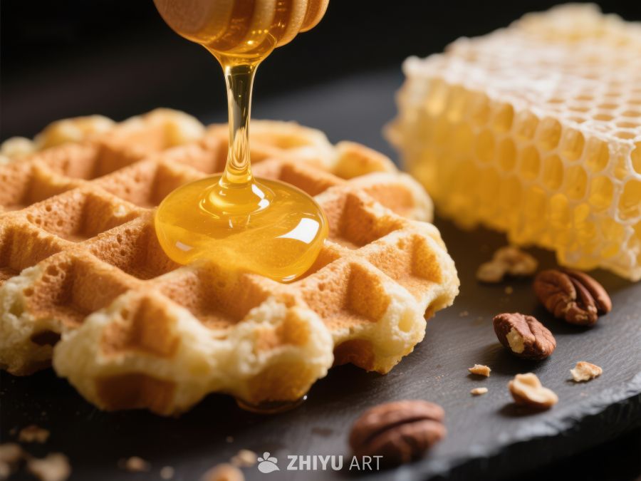 蜂蜜浇灌在松软华夫饼上
