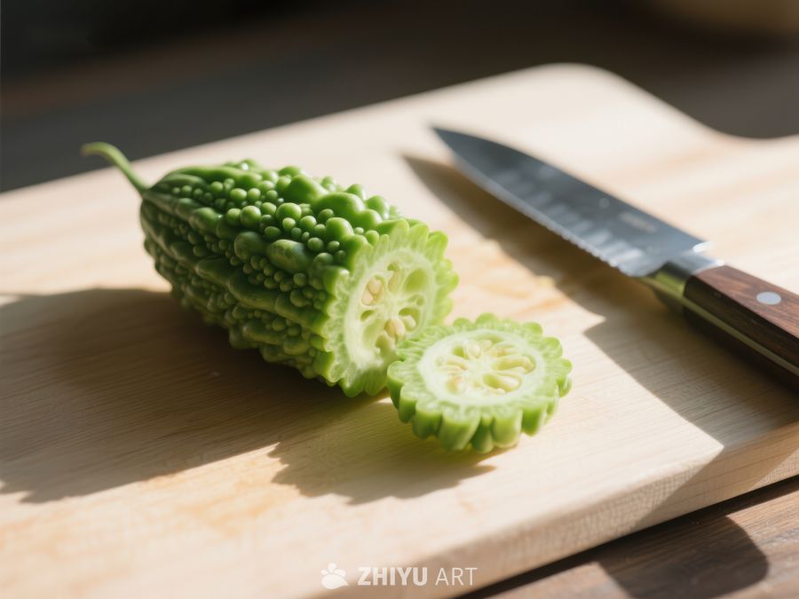 苦瓜切片与刀具置于砧板上 183