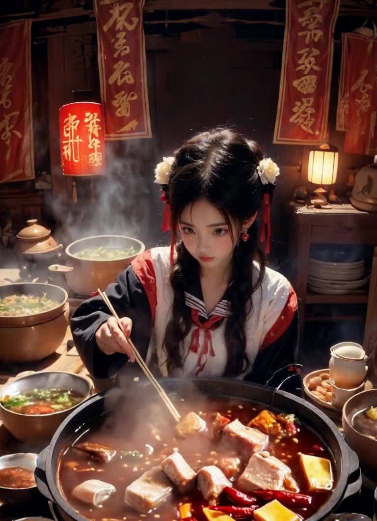 一位年轻女子坐在桌旁，她的头发上戴着白色花朵，穿着