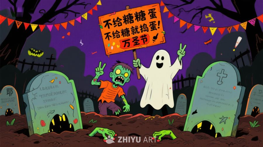 万圣节僵尸与幽灵的欢乐场景