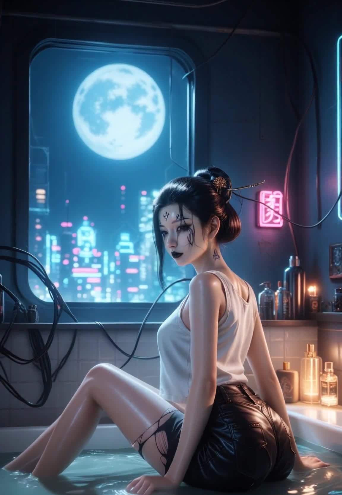 一名女性坐在浴缸里，浴缸里的水几乎没过她的腰部。她