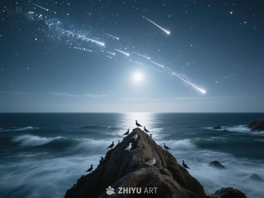 夜空流星与海边岩石上的鸟群 279