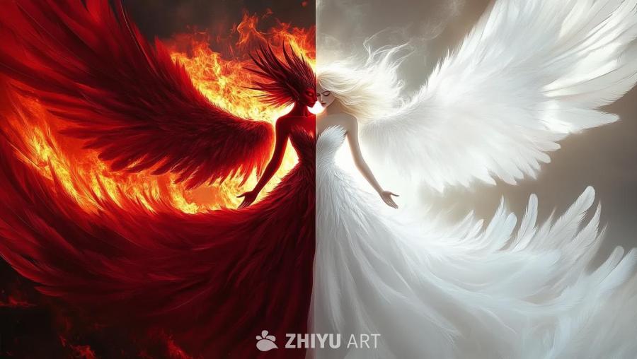画面中，一个女性的身体被从中间分割成两部分，面向前