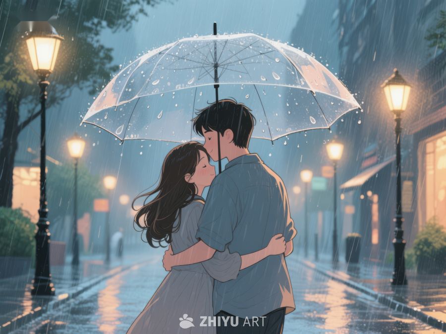 雨夜伞下情侣深情相拥 1145