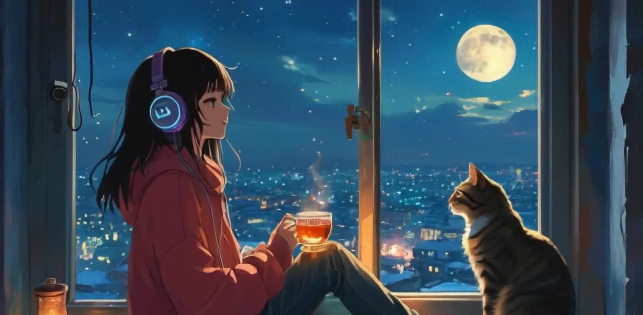 女孩戴着耳机坐在窗边，手持一杯冒着热气的茶。窗外是