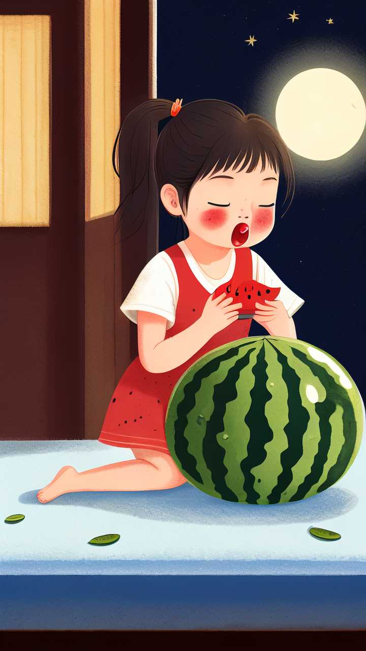 夜晚女孩吃西瓜插画