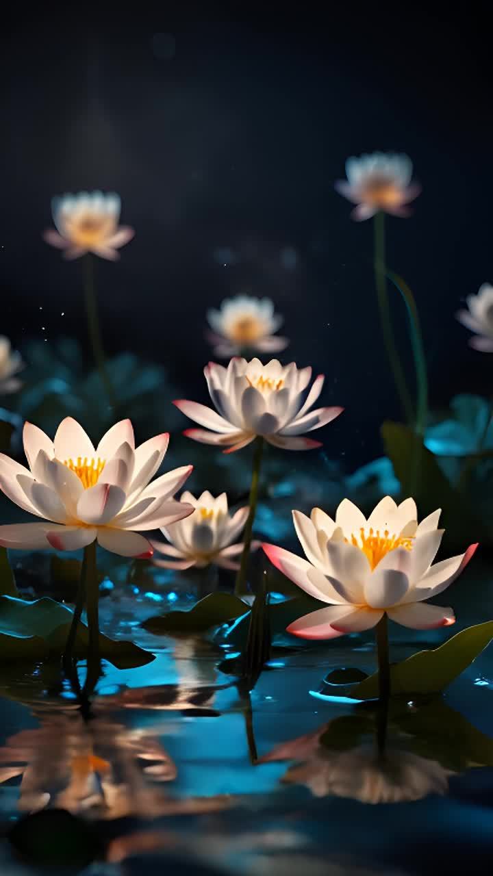 一群白色花朵，花心呈粉色，在浅水中轻轻摇曳，花瓣随