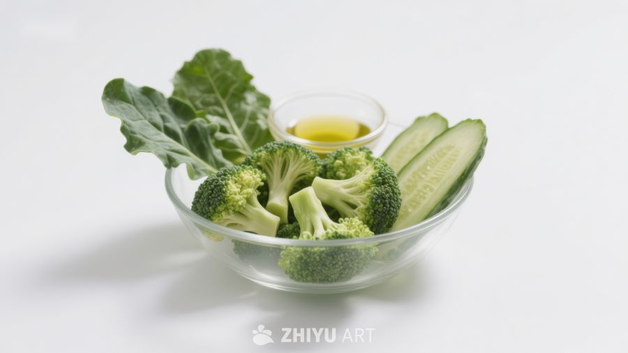 新鲜蔬菜与橄榄油摆盘