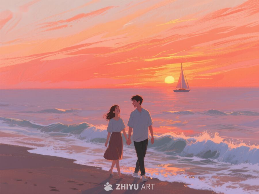海边漫步的两人与夕阳帆船 226
