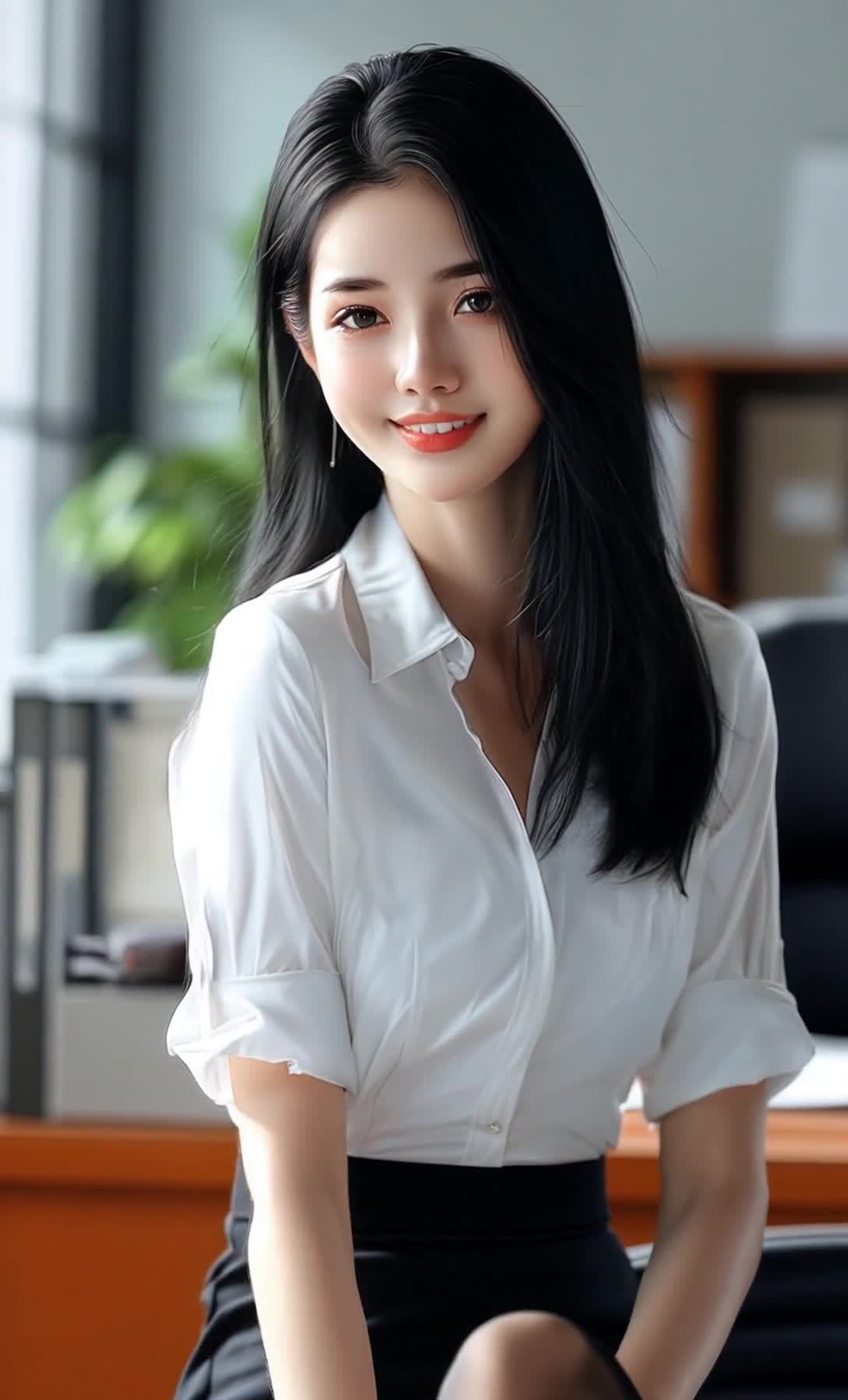 一位女子，她有着黑色的长发，穿着一件白色的衬衫和黑