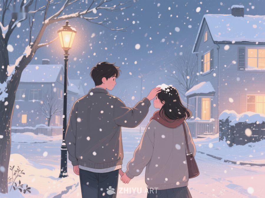 雪夜街头的温馨瞬间 906