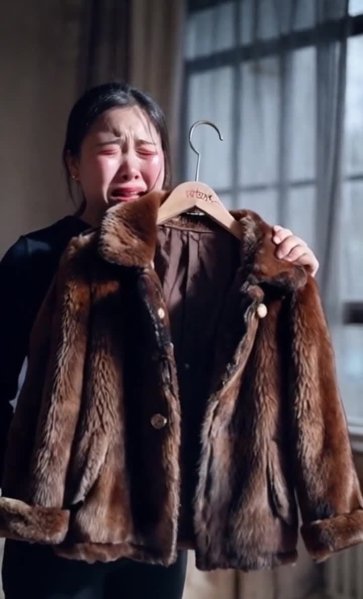悲伤的女人拿着毛皮大衣，眼泪夺眶而出