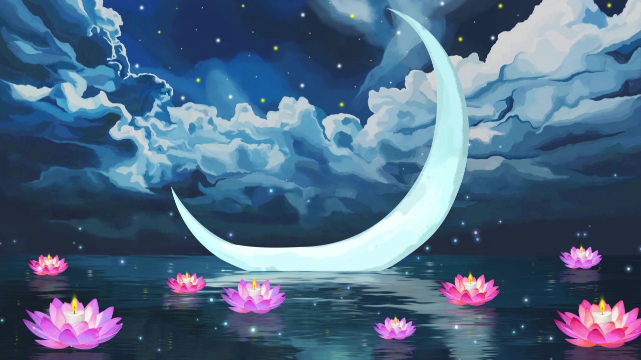 唯美大海上升月亮白月光蓝色夜空圆月明月大屏幕舞台LED视频  73