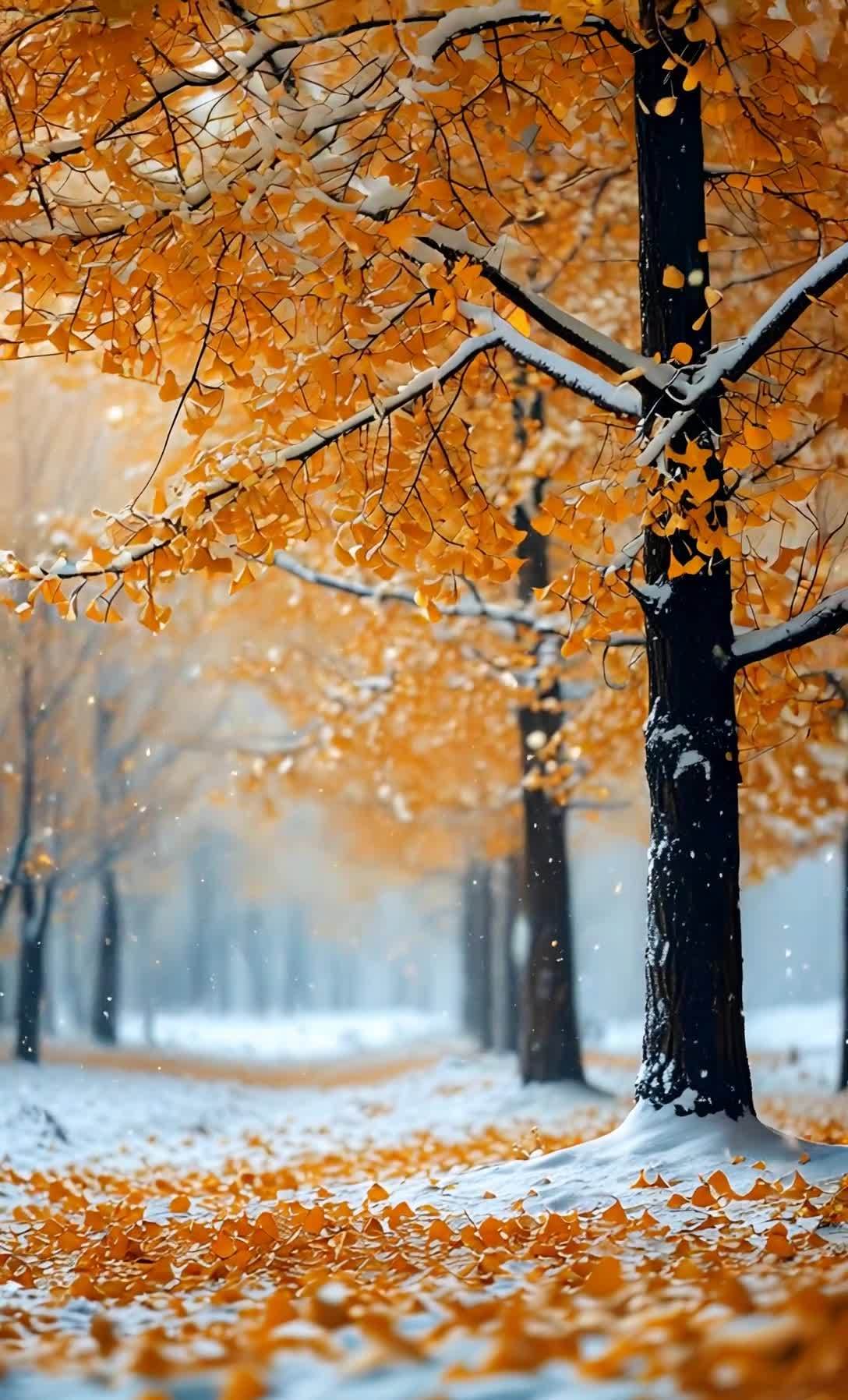 银杏叶落雪景：冬日雪花飘落的唯美画面