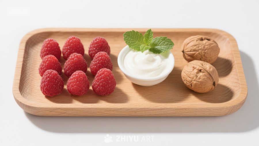 木盘上的覆盆子、酸奶和核桃