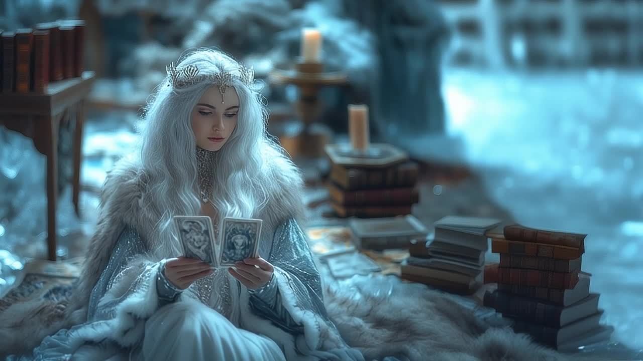 一位戴着皇冠的女性，她有着白色的长发，穿着带有毛皮