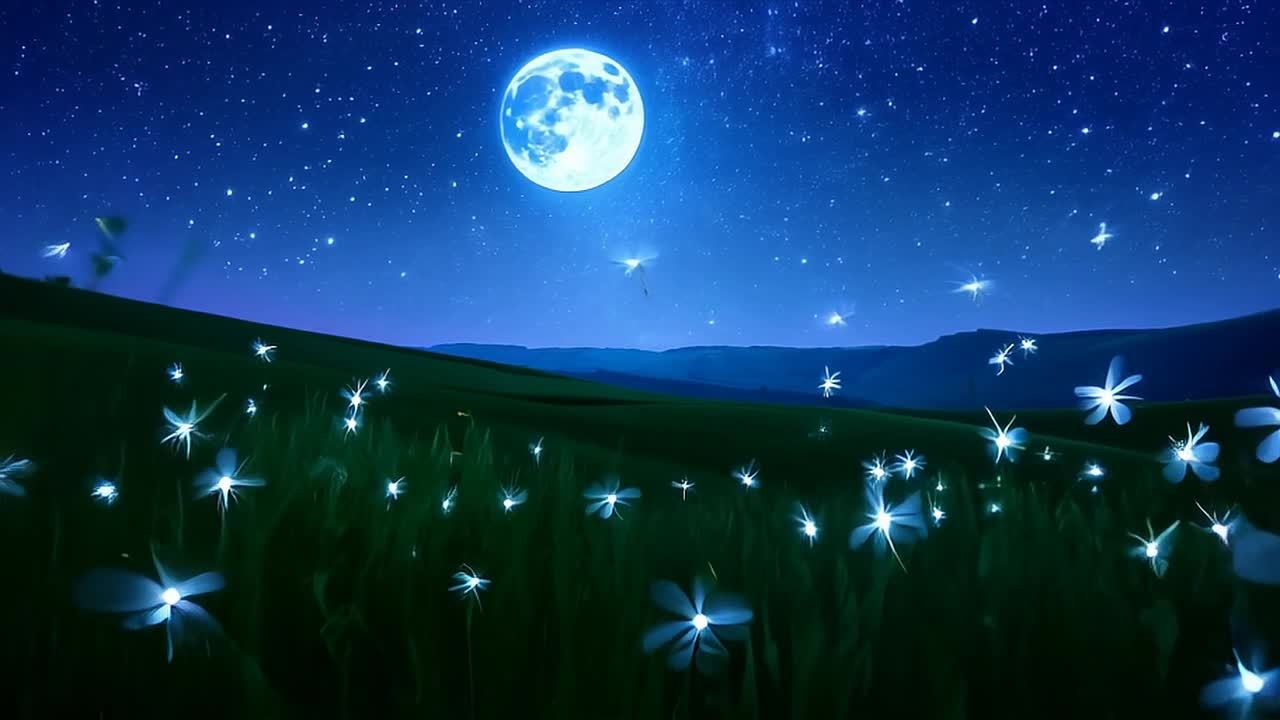 满月悬挂在星空之上，绿色的田野上，萤火虫闪烁着光芒