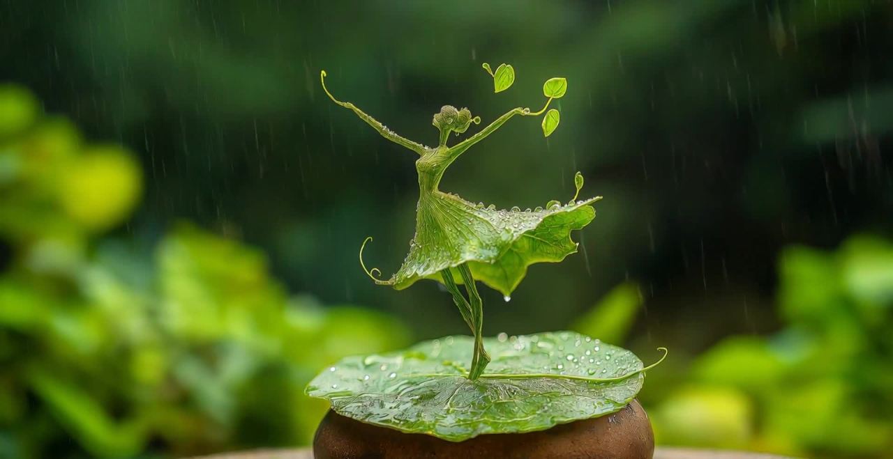 一棵由绿色植物构成的人形雕塑正在跳舞。背景是模糊的