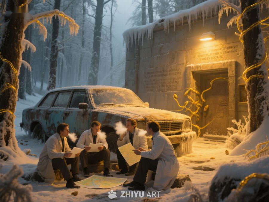 雪夜中的人们围坐讨论 489