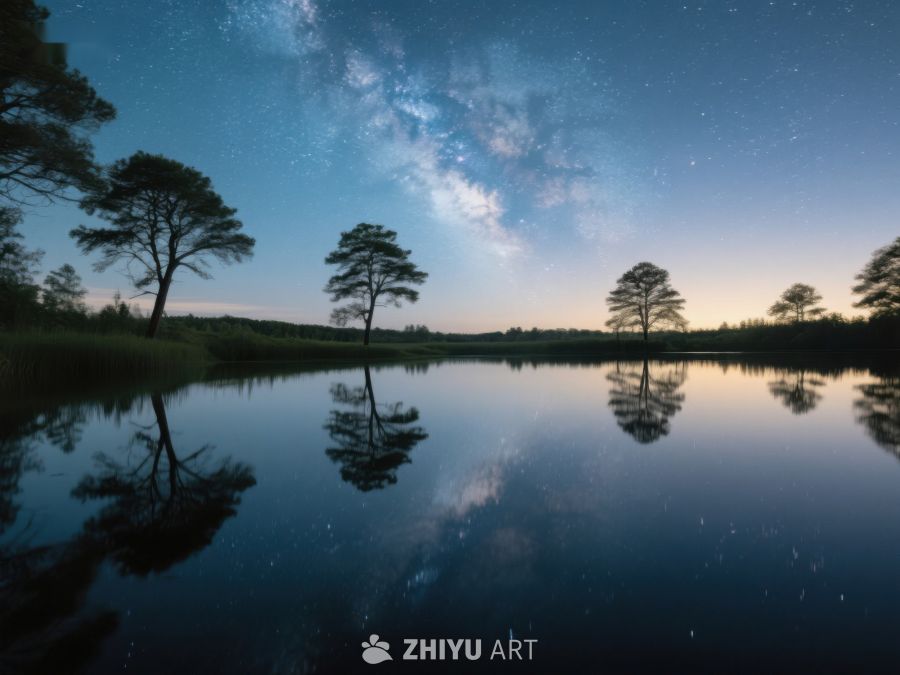 夜空银河映湖面，树影婆娑静谧景 380