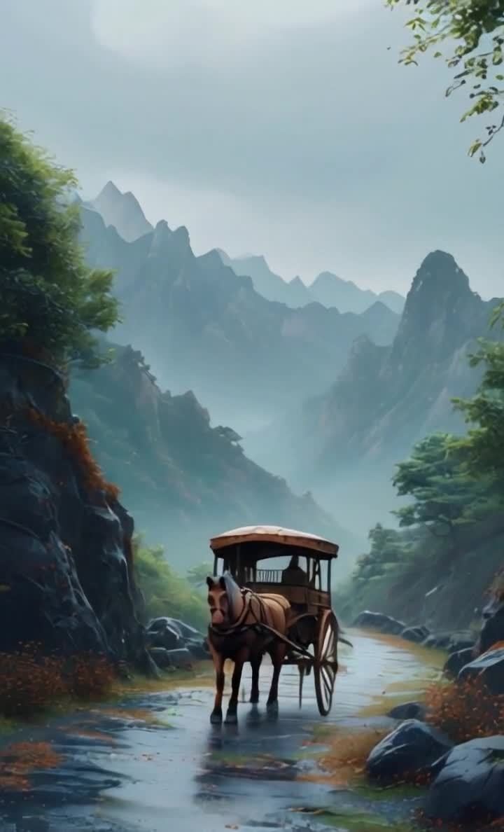 一辆马车在小路上行驶，远景是雾气蒙蒙的山峦。道路两