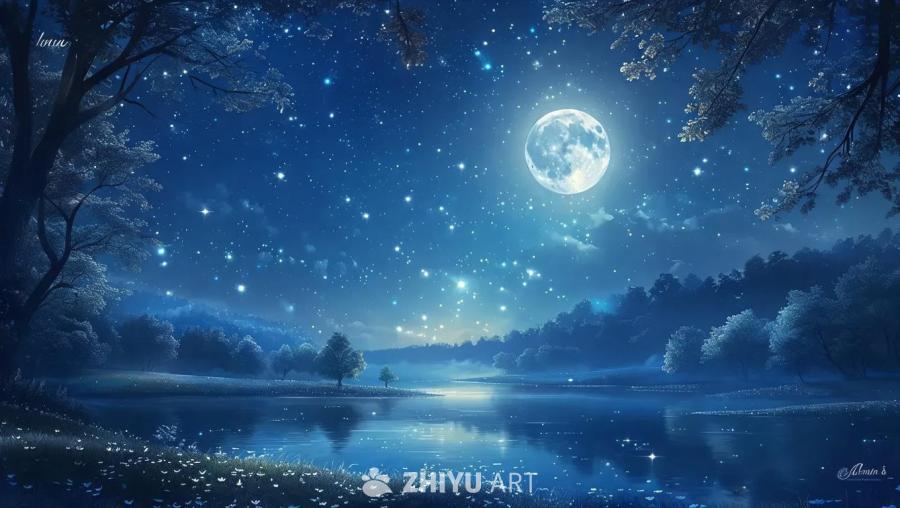 夜空中悬挂着一轮明月，繁星点点。月光洒在湖面上，波