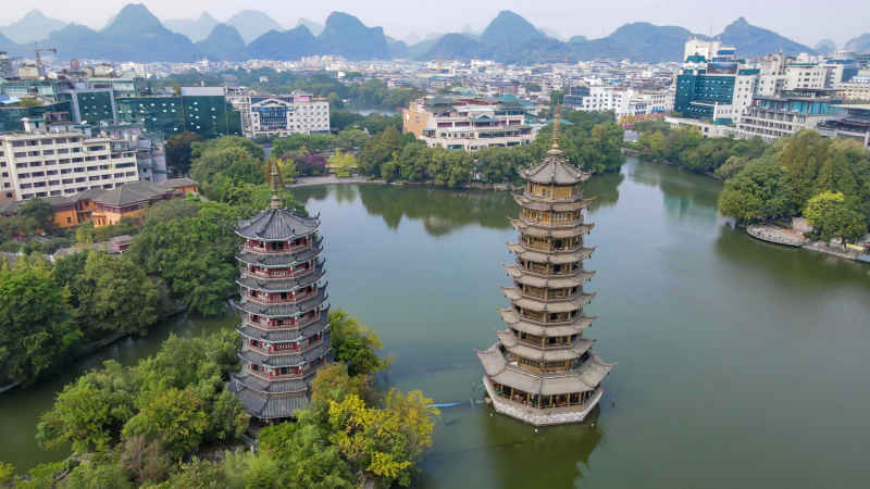 广西桂林日月双塔航拍  
