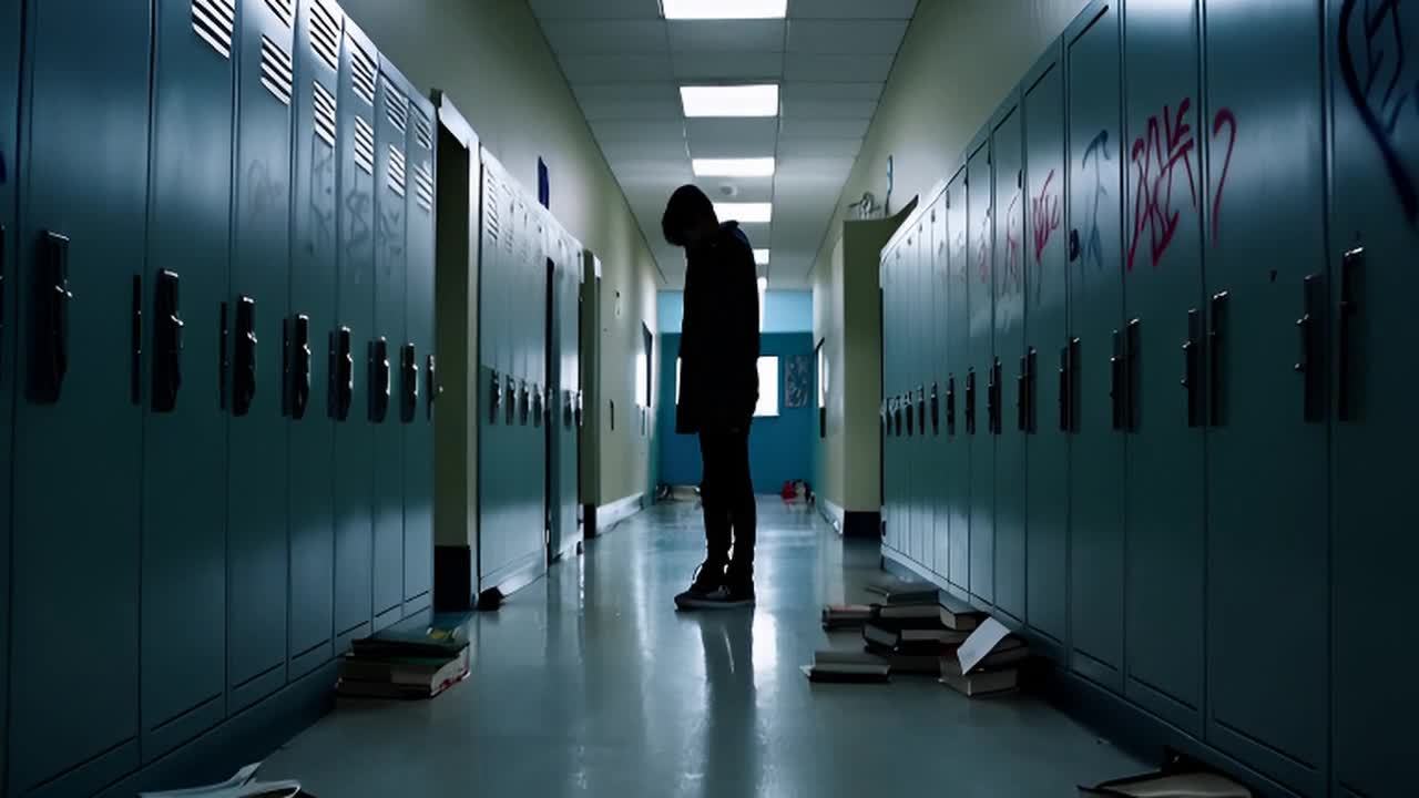 一个学生独自站在空旷的学校走廊中间，头低着。储物柜